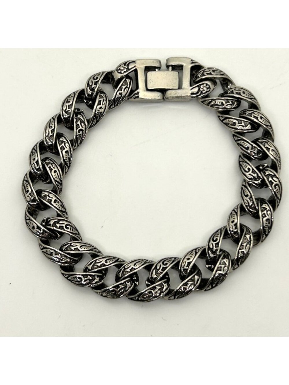Men's Vintage Stainless Steel Curb Chain Bracelet Tribal Tattoo Etched Design